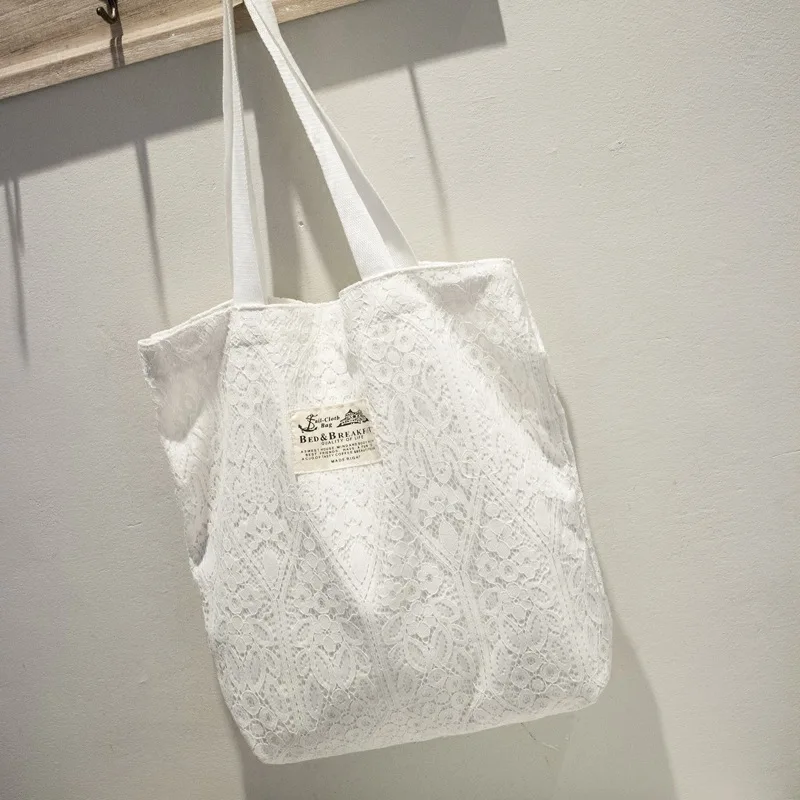 

Women Handbag 2020 Shoulder Bags Spring Art Small Fresh Bucket Lace Canvas Bag Simple Trendy Female White Blue Black Student Bag