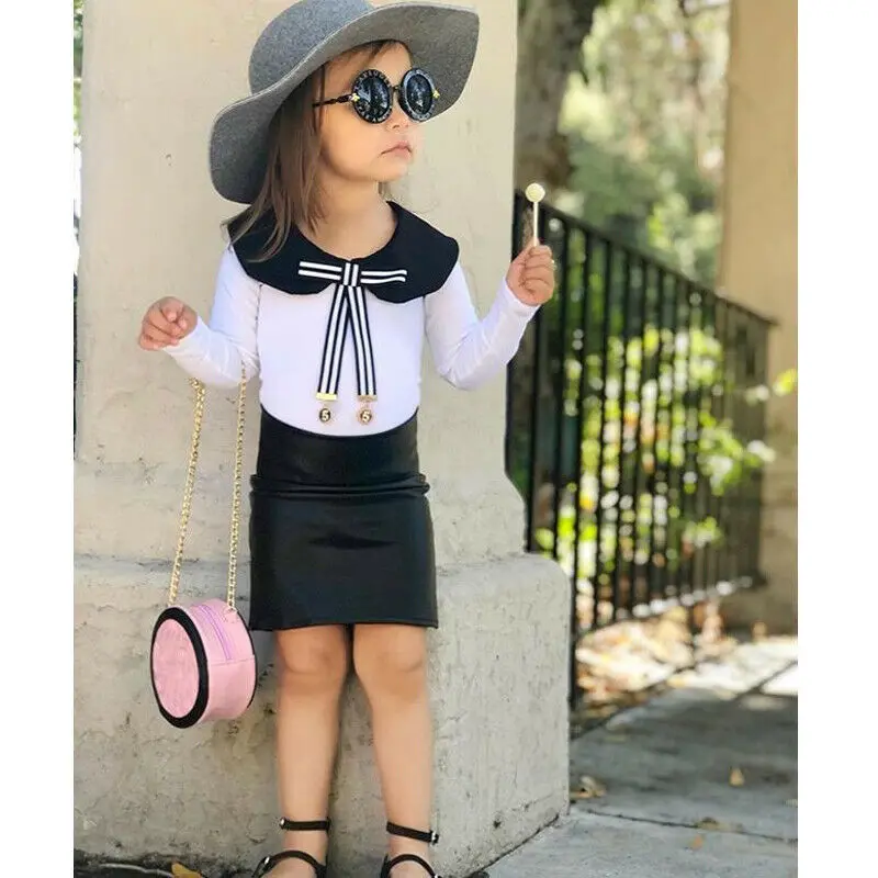 Toddler Kids Baby Girls Clothes Long Sleeve Tie Tops+Black Hip Skirts Outfits Set | Детская одежда и обувь