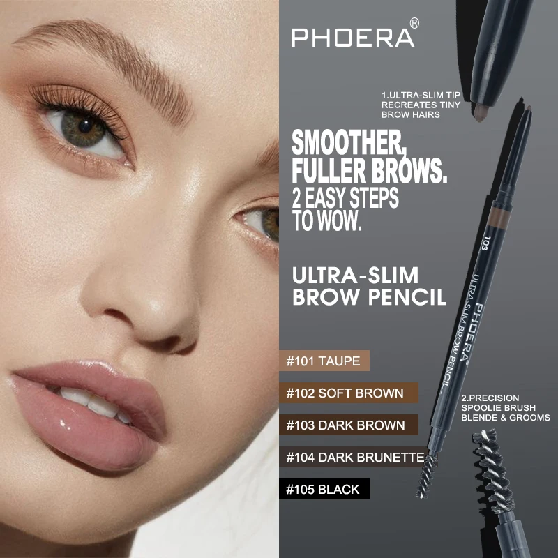 PHOERA двухсторонний карандаш для бровей, износостойкий, не цветущий, черный, коричневый, бровей, ручка для татуажа, натуральный тинт для макияжа TSLM2