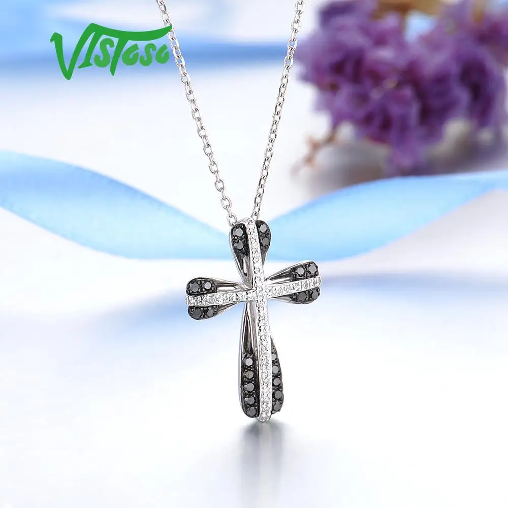 VISTOSO золотые подвески для женщин натуральная 14K 585 Белое золото сверкающие бриллианты черная цепочка с бриллиантовым крестом кулон ювелирные украшения