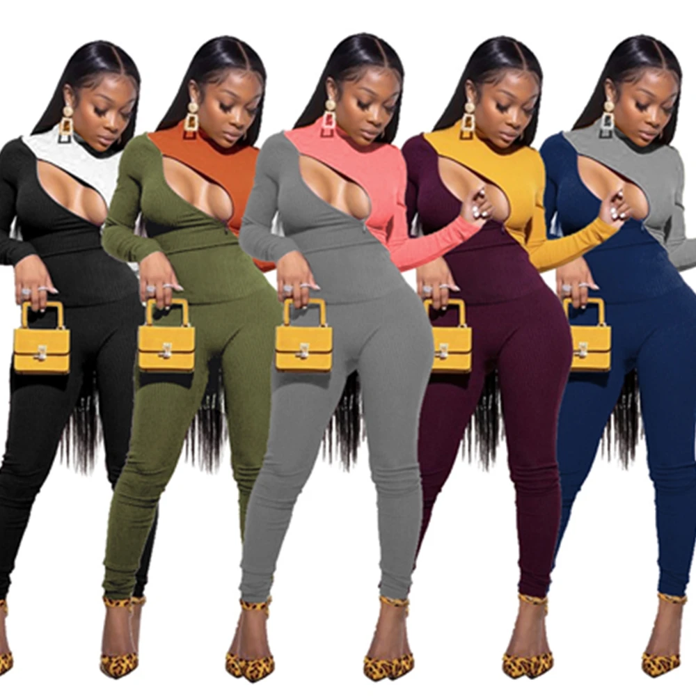 

Globle Autumn Sport Two Piece Sets Bodycon Turtleneck Elastic Patchwork Women Clothing Screw Thread Tracksuits Wholesale Items
