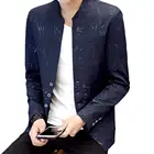 Прямая поставка! Мужской блейзер с винтажным принтом, пальто в Корейском стиле с воротником-стойкой, накладными карманами и пуговицами, костюм для весны и осени, 2021