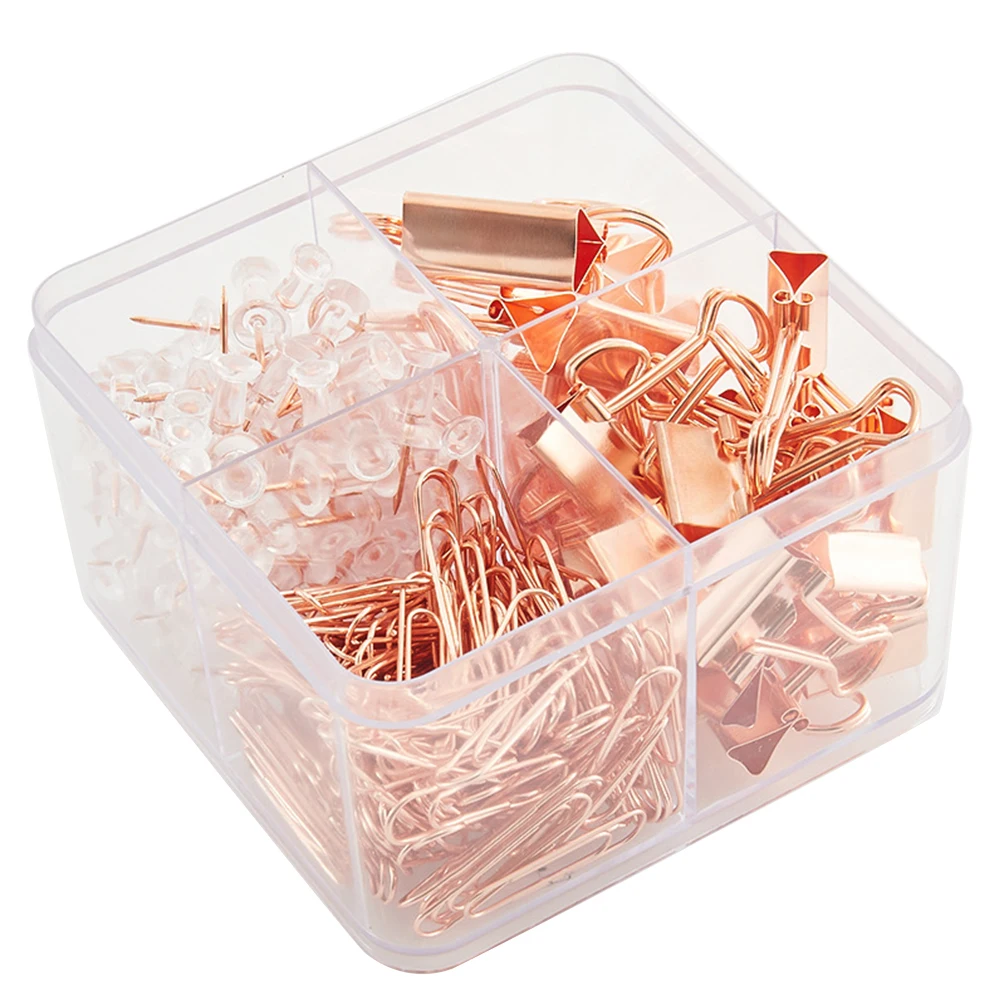 

226pcs Office Supplies Push Pins Paper Clips Set Rose Gold Stationery Metal With Storage Box Home Assorted Binder Clamps School