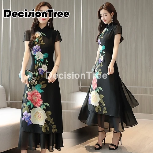 2021 ao dai классический стиль aodai платье с коротким рукавом античная Черная Вышивка