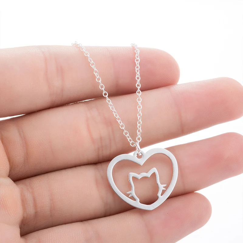 stainless steel pink heart cat necklaces womens couple pendants Steel color woman accessories fashion jewelry chain on the neck | Украшения
