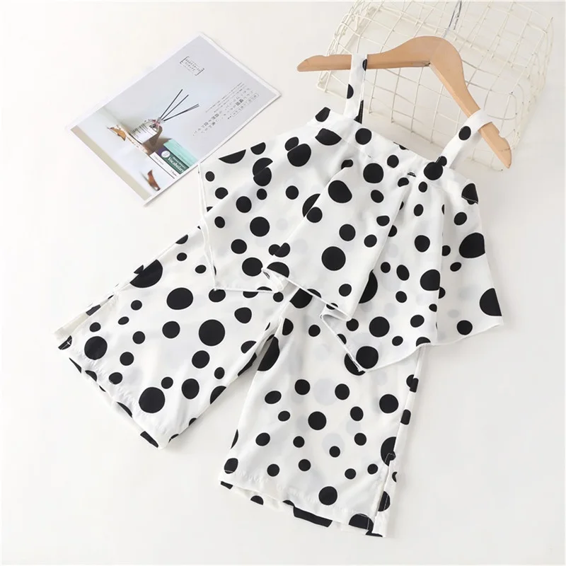

Girls Sets Summer Dot Sling T-shirt and Wide Leg Pants Kids Suits Baby Children Teen Clothing
