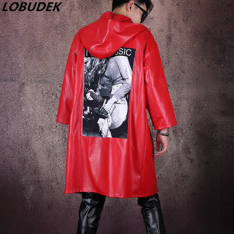 

Punk Style Tide Male Singer Red Leather Hooded Jacket DJ Costume PU Cloak Loose Hip-Hop Coat Wind Coats Street Dance Overcoat