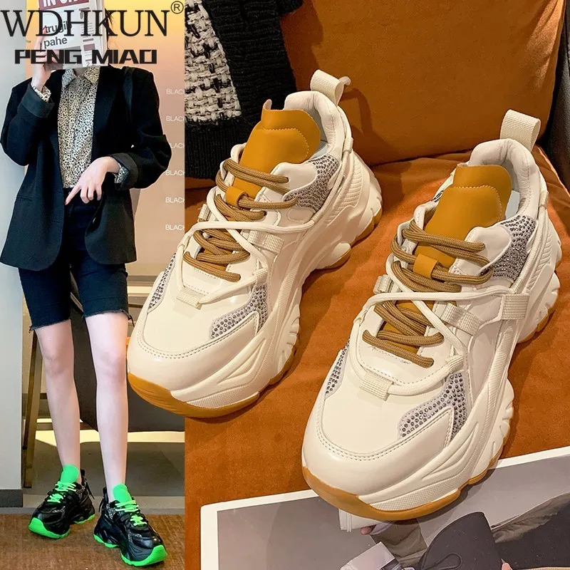 

Genuine Leather Women Platform Sneakers Spring Summer Fashion Thick Bottom Vulcanized Shoes Ladies Casual Sports Shoes