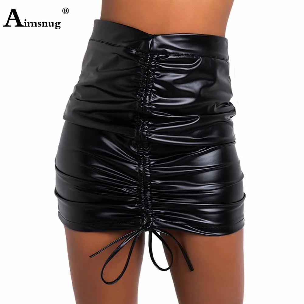 

High Cut Women PU Leather Mini Skirt Sexy Bandage Skirt Club Dresses Strap Fashion Hem Hip Split Fork Buttocks Above Knee Skirts