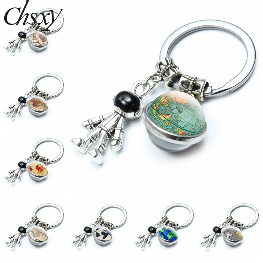 

Vintage Steampunk World Map Keychains Globe Earth Planet Pendant Double Side Glass Ball Robot Spaceman Chains Keyrings Jewelry