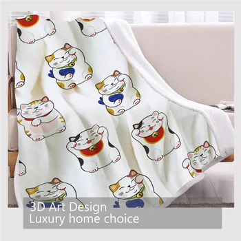 BlessLiving Cute Maneki Neko Sherpa Blanket Beckoning Cat Soft Blanket Japanese Lucky Cat White Bed Blanket Cartoon Bedding Koce 3