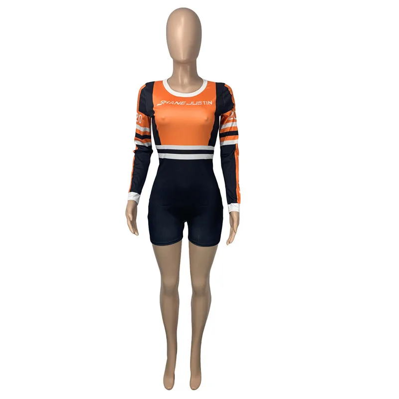 

ANJAMANOR Fall 2020 Trendy Sport Romper Letter Print Color Block Long Sleeve Bodycon Playsuits and Jumpsuits Women D46-CI28