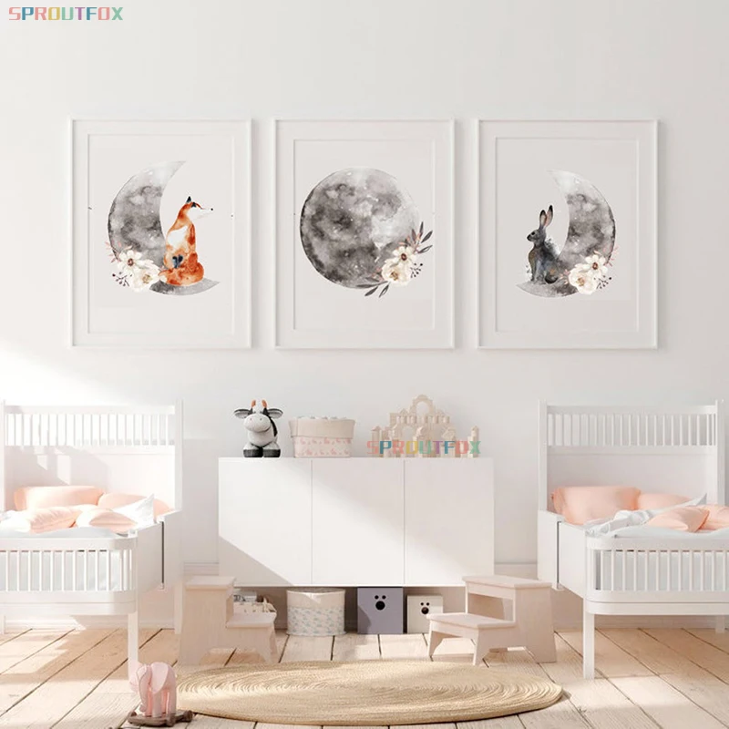 

Cute Cartoon Animal Fox Bunny Wall Poster Art Canvas Painting Baby Room Decorative Prints Wall Painting Flower Picture Nordic
