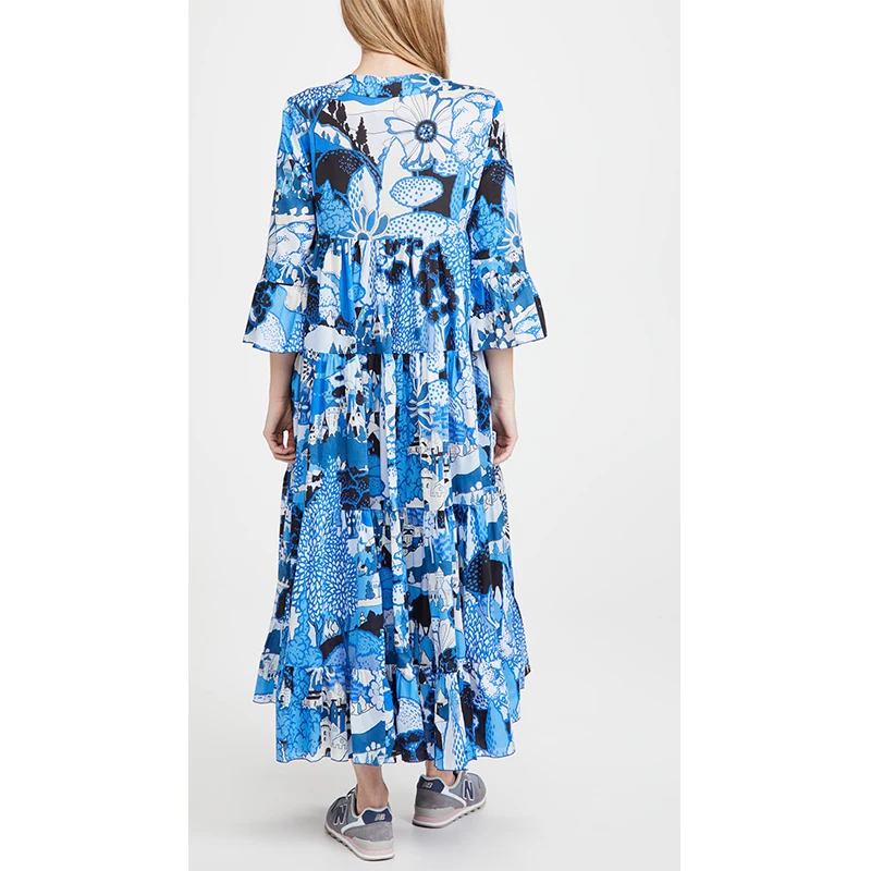 

LINLING 2021 Summer Women Printed V-Neck Vintage Ruffle Loose Dress Za Female Chic Butterfly Sleeve High Waist Causal Skirt