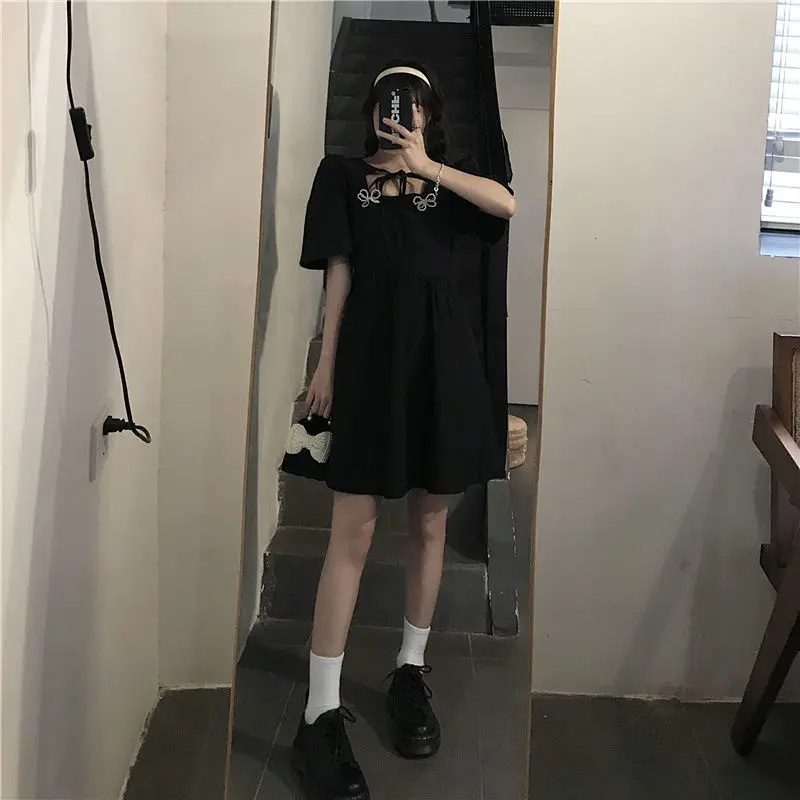 

Black Vintage Gothic Dress Women Bowknot Hollow Out Designer Party Y2k Dress Female Summer Sweet Princess Party Dress 2021 New