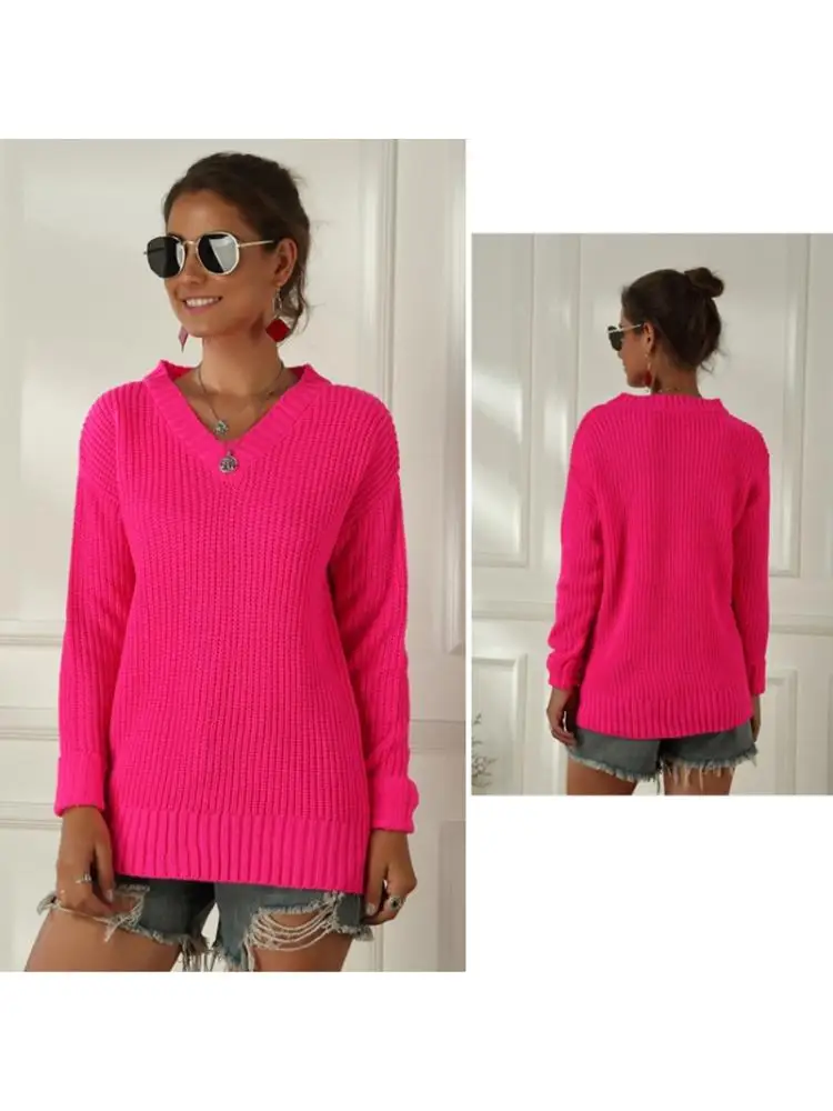 Женский вязаный свитер с длинным рукавом неоновый однотонный свободный джемпер