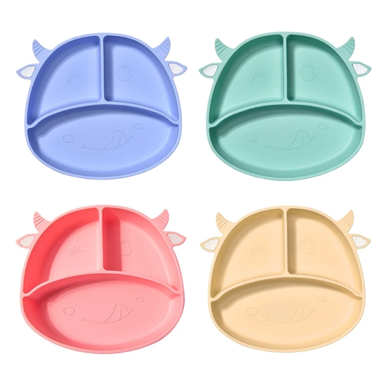 Plato de silicona de grado alimenticio para dibujo de vacas, cuenco de succi&oacute;n dividido para beb&eacute;, plato de cena antideslizante para ni&ntilde;os, plato de aprendizaje de alimentaci&oacute;n-0