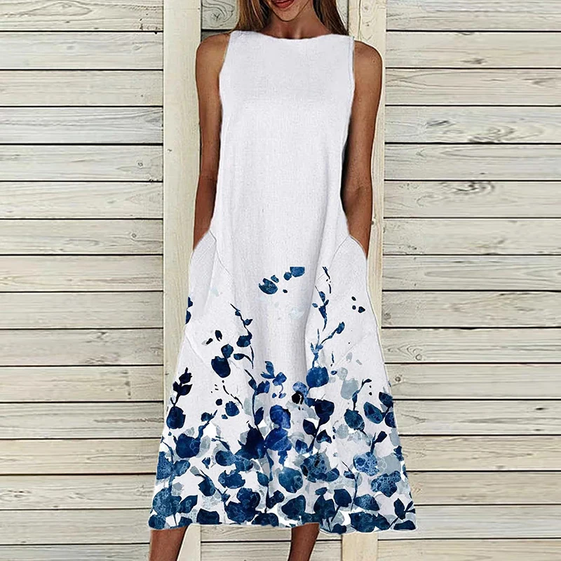 

Floral Print Maxi Dress Women 2021 Summer Round Neck Sleeveless A-Line Party Dress Casual Loose Pocket Long Dress Vestidos 2XL
