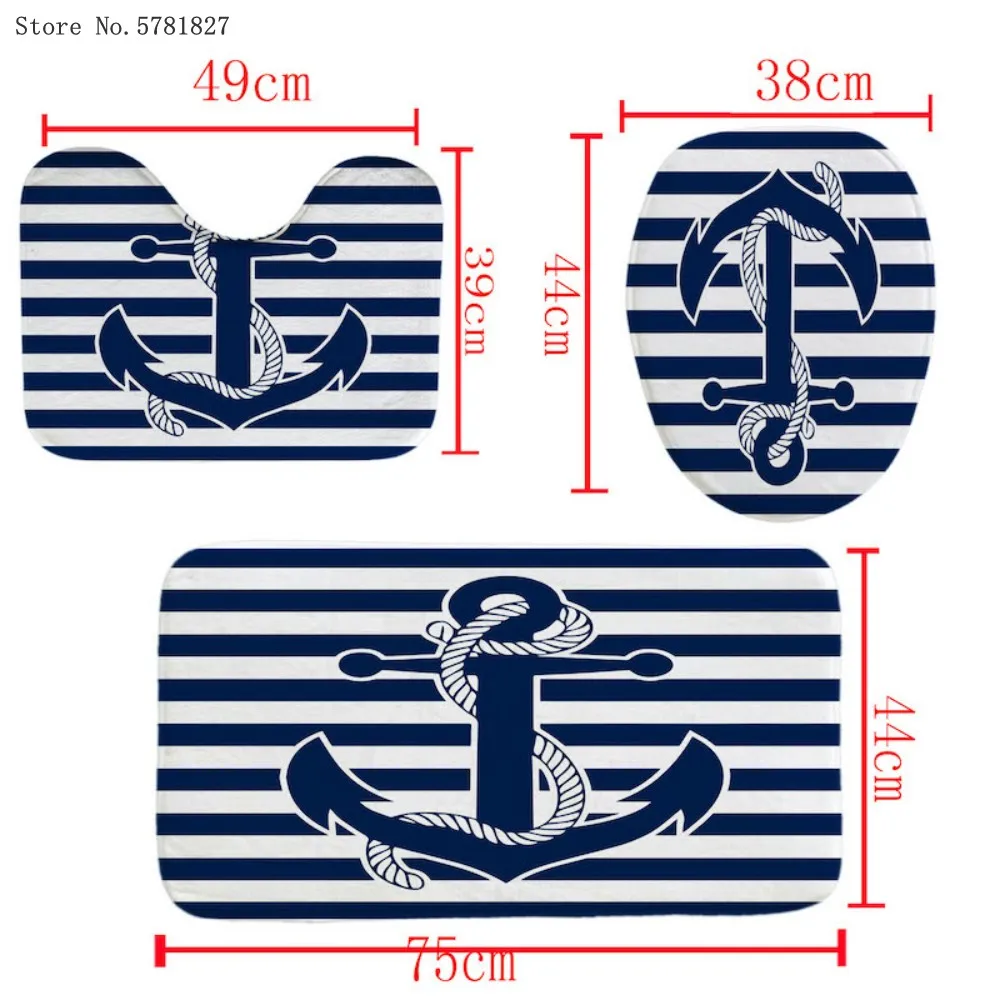 34 pieces blue anchor shower curtains sets euro nautical carpet pedestal rug lid toilet cover bath mat sea marine bathroom sets free global shipping