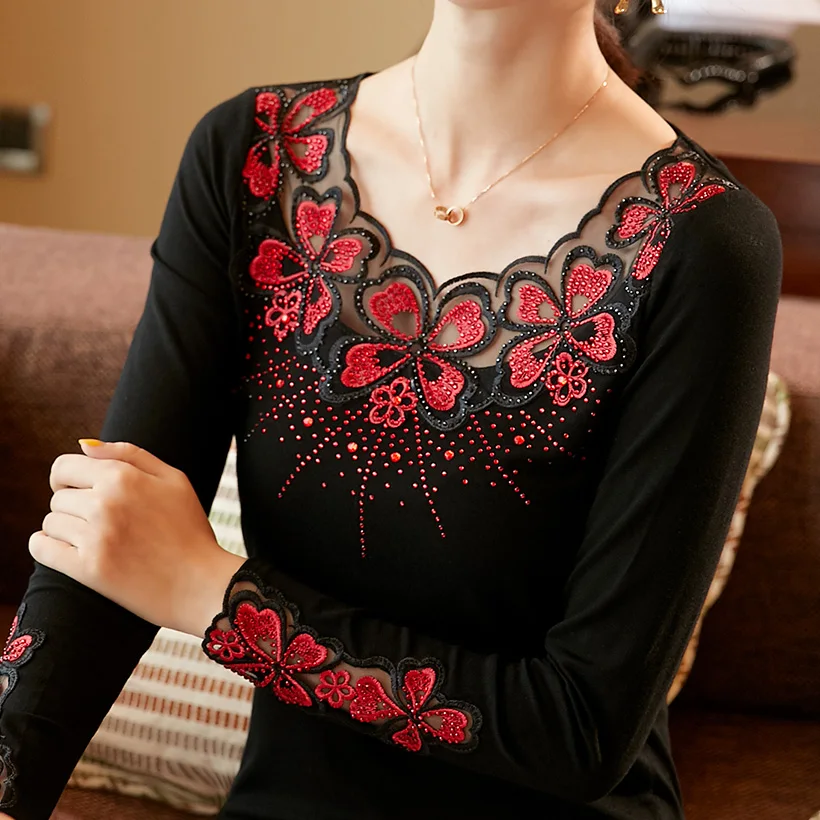 Blusas mujer de moda, Осенние сетчатые топы с длинными рукавами и вышивкой, модная Повседневная Блузка с бриллиантами, рубашка, большие размеры
