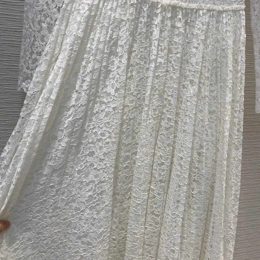 

2020 new spring high-end luxury white flora lace women sleeve o-neck high waist big bottom long dresses party dress