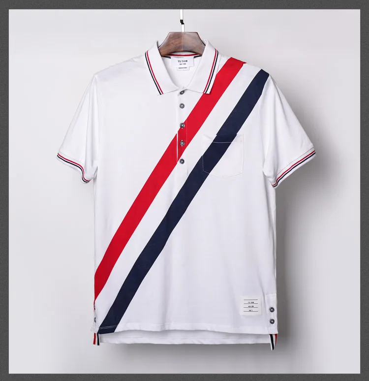 

2021 Fashion TB Brand Shirts Men Casual Slim Cotton Polo Personality Summer Short Contrast Color Striped Clothing