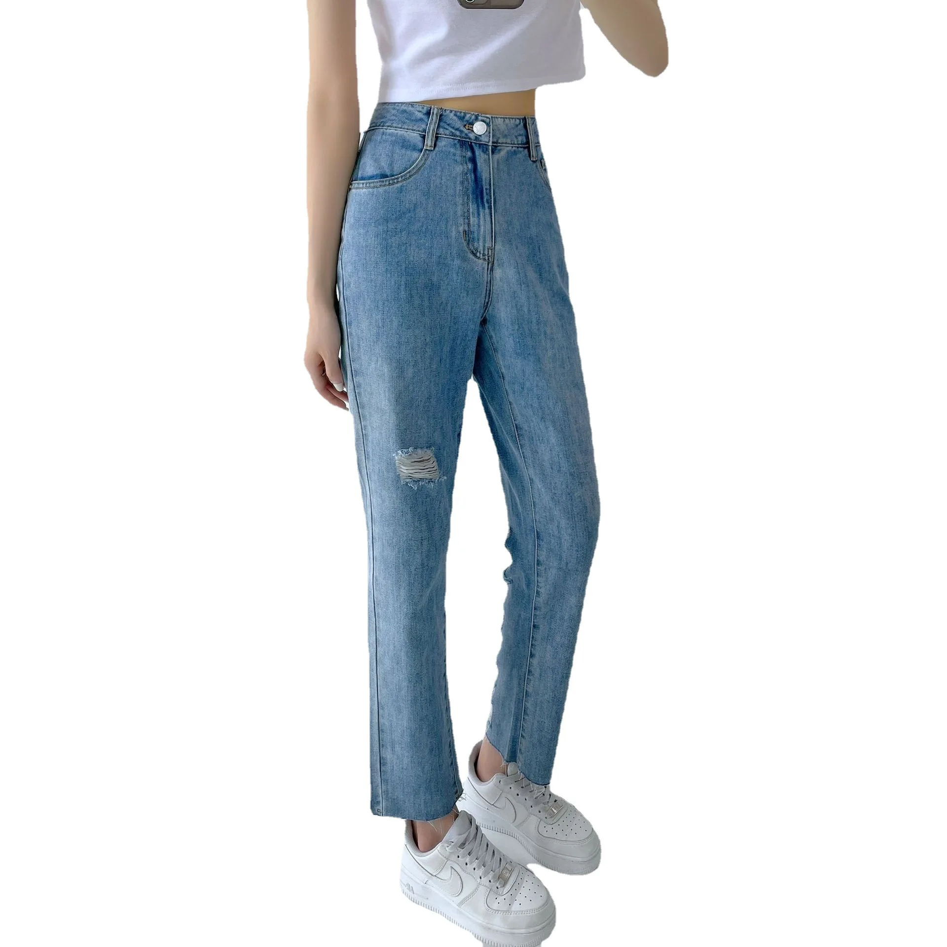 

2021 women trousers ultra-thin cool summer ice cotton show tall waist nine points straight hole in blue jeans