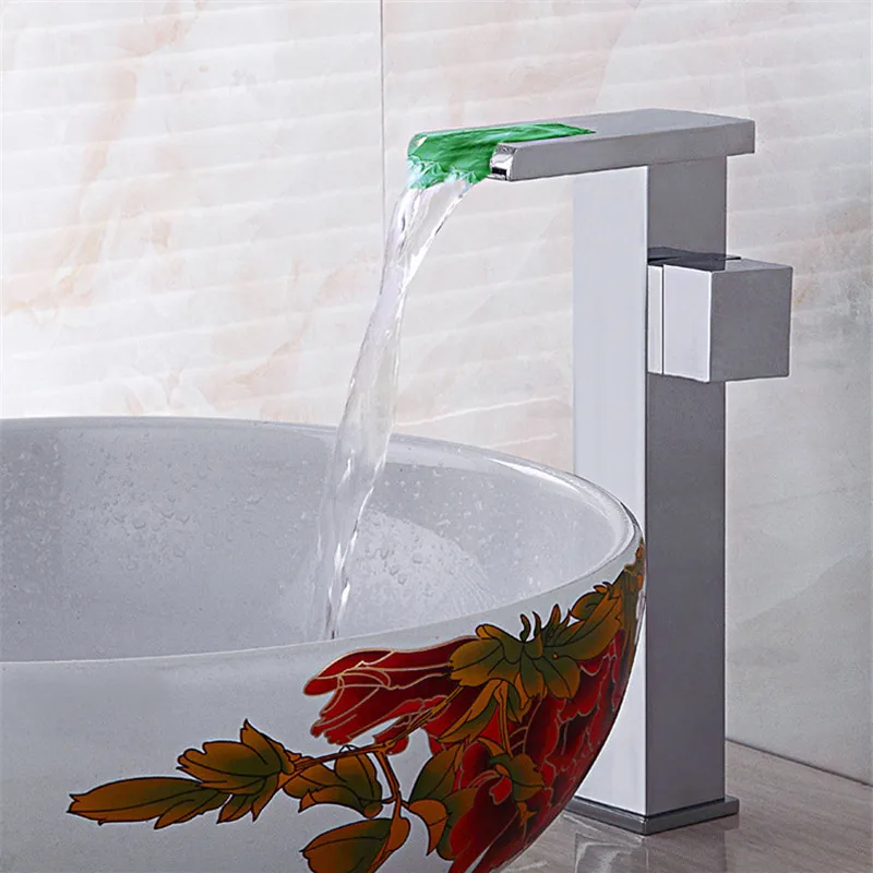 

Bathroom Basin faucets With LED Light Solid Brass Sink Mixer Taps Hot and Cold Waterfall Faucets Chrome Bathroom Crane Torneira