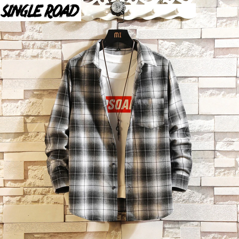 

Single Road Mens Shirt Men 2022 Spring Plaid Shirt Long Sleeve Shirt Harajuku Blouse Male Korean Casual Black Shirts For Men