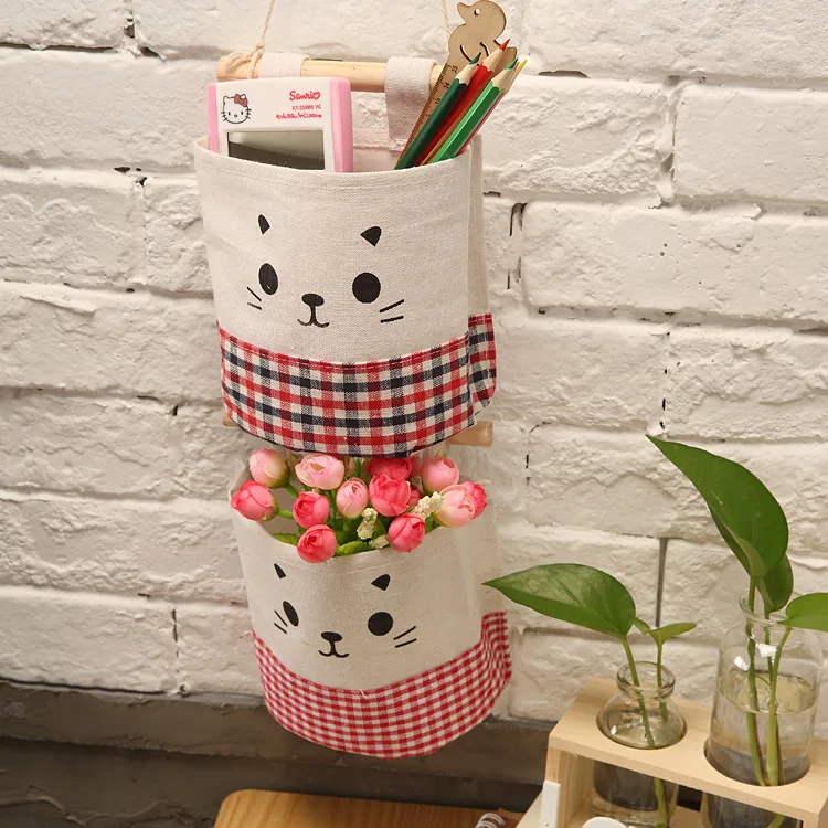 Один хлопок холст милый кот тканевая настенная подвесная сумка для хранения