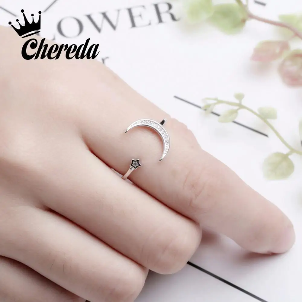 Chereda Moon Zircon Open Rings Adjustable Star Minimalist Finger Ring Delicate Design Knuckle Statement Jewelry | Украшения и