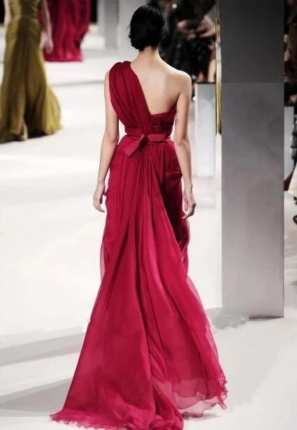 

Burgundy Celebrity Dresses A-line One-shoulder Chiffon Lace Backless Long Famous Formal Red Carpet Dresses