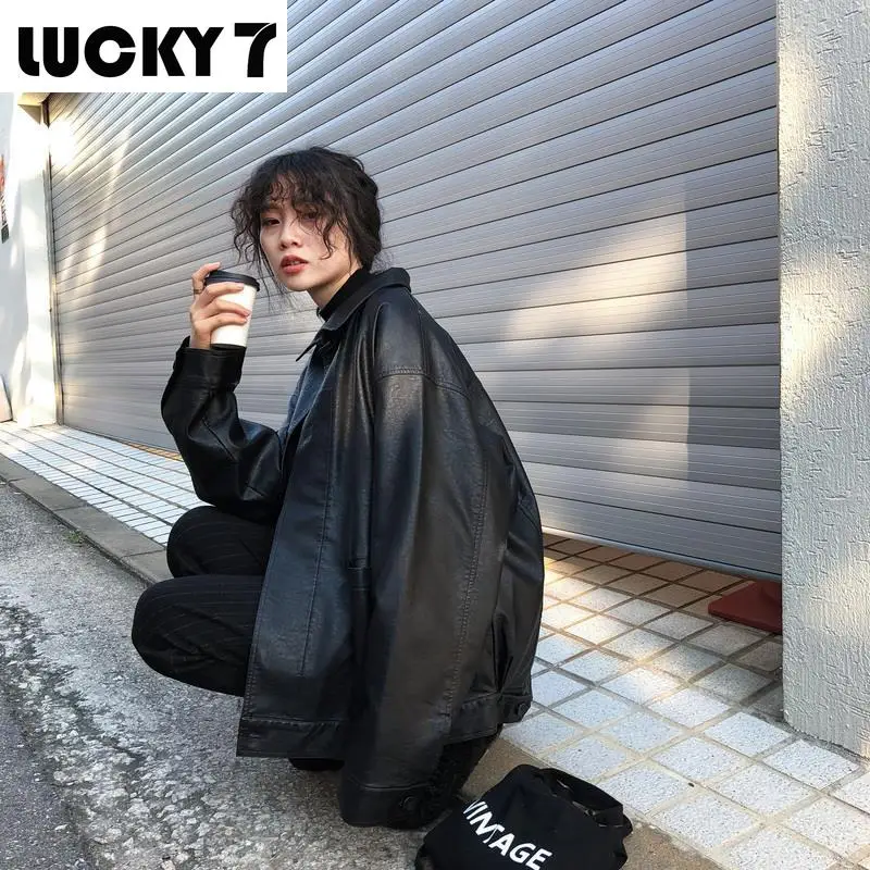 

Fashion streetwear ladies jacket motorcycle jacket black leather jacket women Korean style thin loose motorcycle jacket women