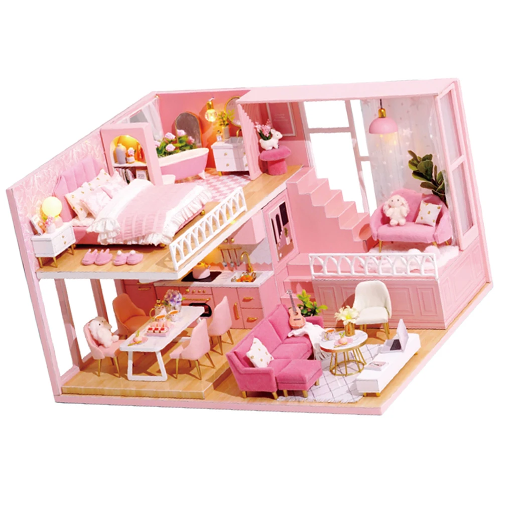

1:24 Dollhouse DIY Pink 3D Kit Exquisite Wooden Miniature Room Holiday