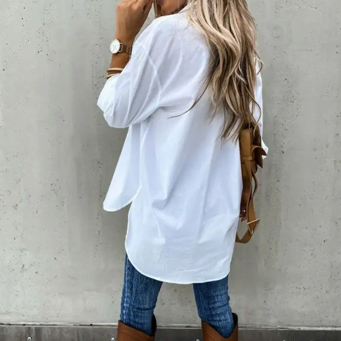 wsevypo Casual Women Button-down Shirt Solid Color Long Sleeve Lapel Irregular Hem Loose Tops Fall Spring Plain Shirts images - 6