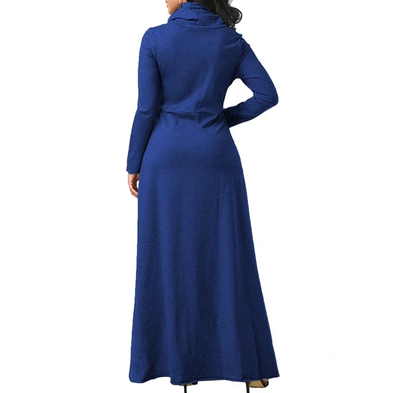 

Spring Autumn Warm High Collar Long Maxi Dress Women Long-sleeved A-line Dress Pocket Design Dress