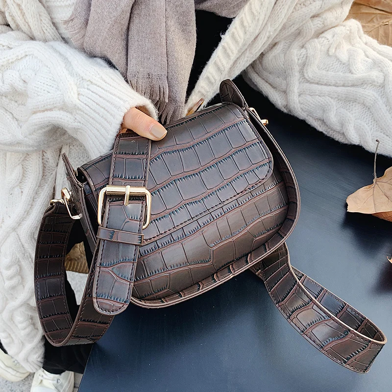 

Stone Pattern Wide Strap PU Leather Saddle Bags For Women 2021 Spring Vintage Mini Crossbody Simple Bag Lady Travel Handbags