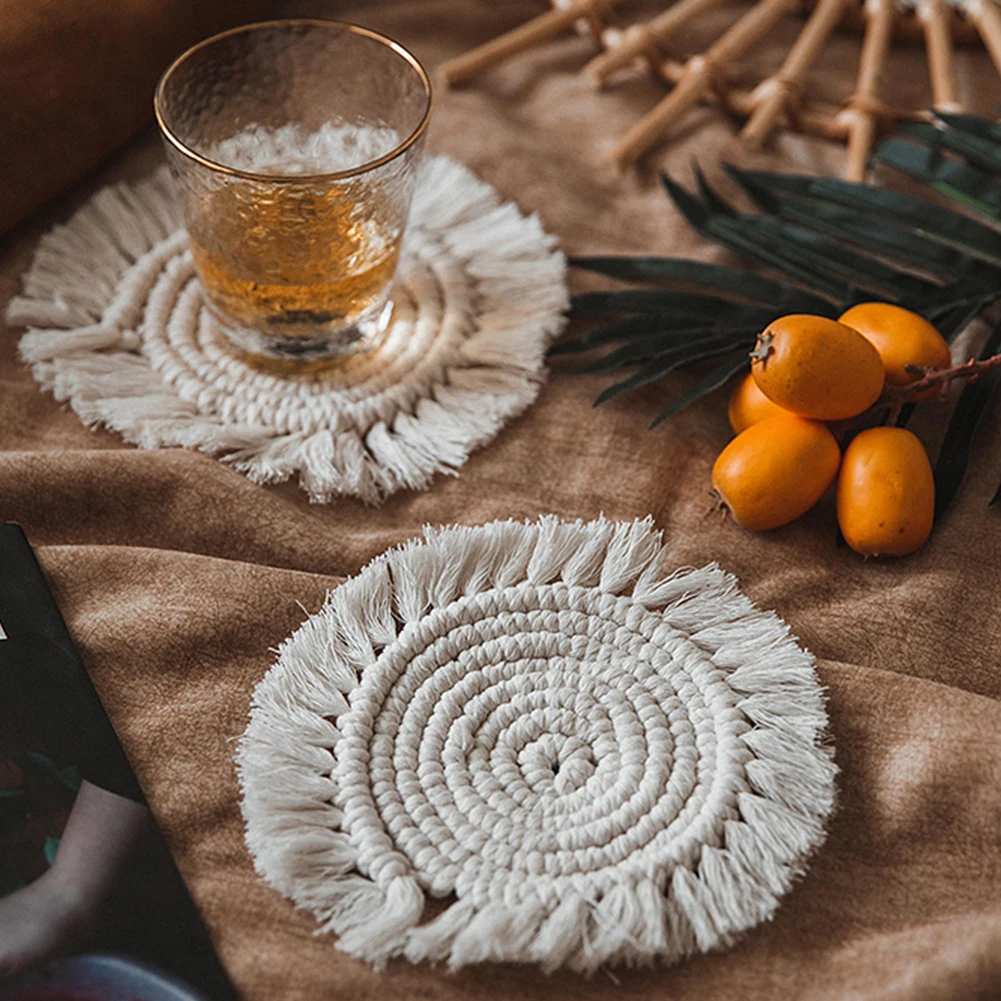 

Macrame Coasters Beige Fringe Boho Home Candle Holder Bohemia Style Heat Insulation Table Mat Mug Cup Cushion Braided Placemat