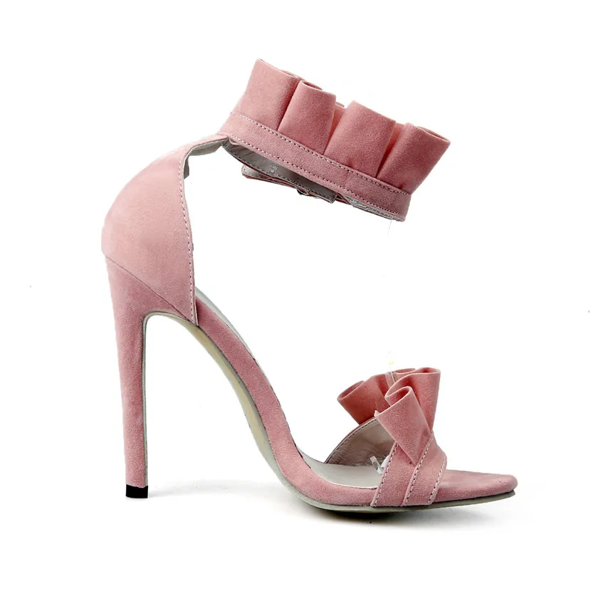 Женские босоножки из флока на очень высоком тонком каблуке розовые с рюшами