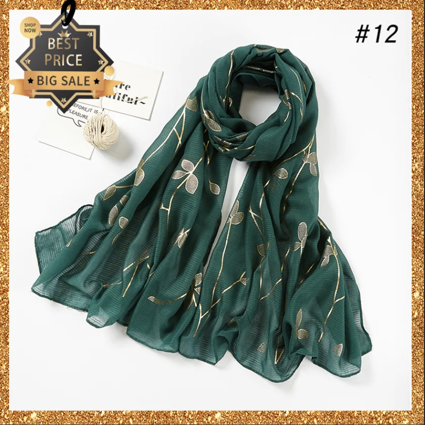 

2020 Women Scarf Hijab Wrap Solid Color With Leaf Print Shawls Headband Muslim Hijabs Scarves Foulard Femme Fashion
