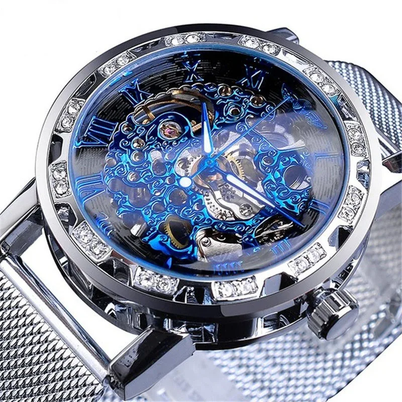 

Fashion Hollow Men's Mechanical Watch Casual Business Simple Rhinestone Mesh Belt Mechanical Student Watch Relojes Para Hombre