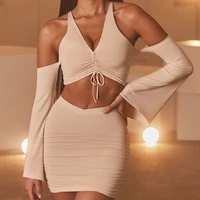 sexy backless flare sleeve two piece set women white v neck top mini skirt women spring slim off sloulder partywear