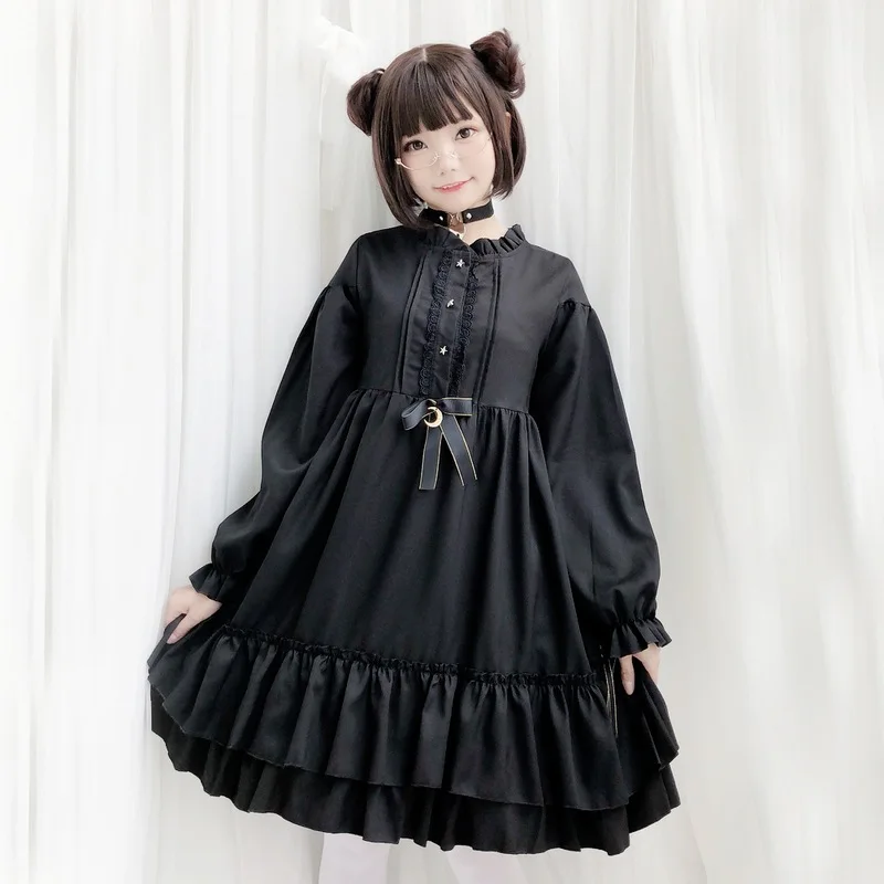 

Castle under Moonlight Autumn and Winter Long Sleeve Black Soft Girl Japanese Lolita Dress Gothic Retro Court