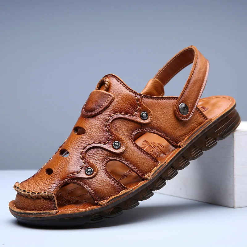 2021 Summer Sandals Men Slippers Summer Casual Leather Flat Shoes Soft Comfortable Beach Sandals Big Size