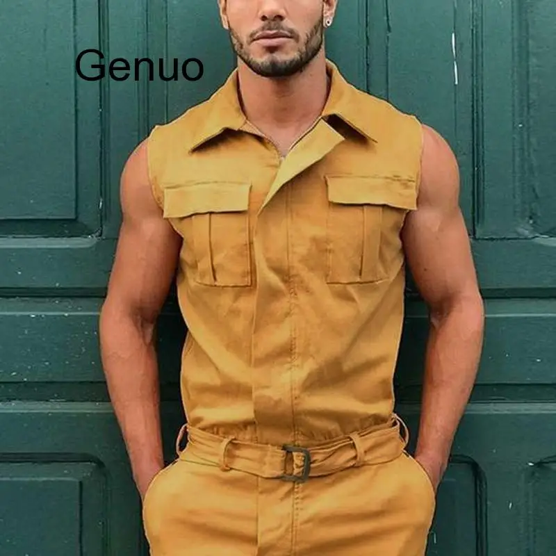 

Men Cargo Overalls Lapel Sleeveless Fashion Jumpsuit Joggers Solid Pants With Belt 2020 Pockets Streetwear Casual Romper