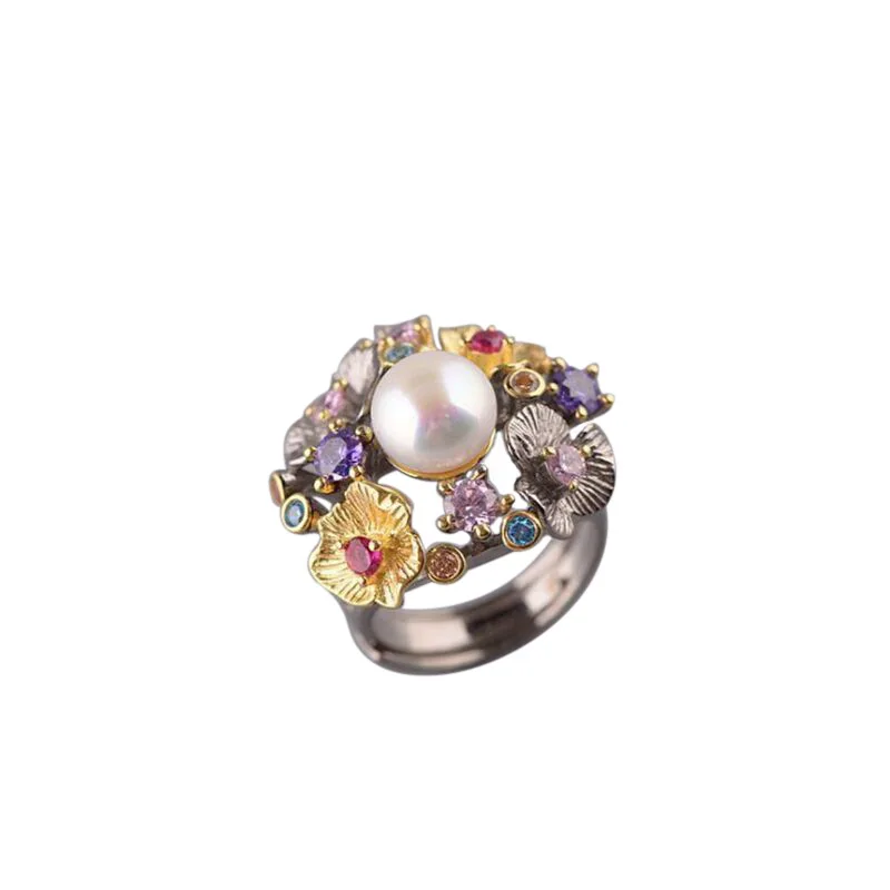 

Leouerry 925 Sterling Silver Bauhinia Wreath Pearl Ring Natural Big Freshwater Pearl Cz Open Rings for Women Fine Jewelry