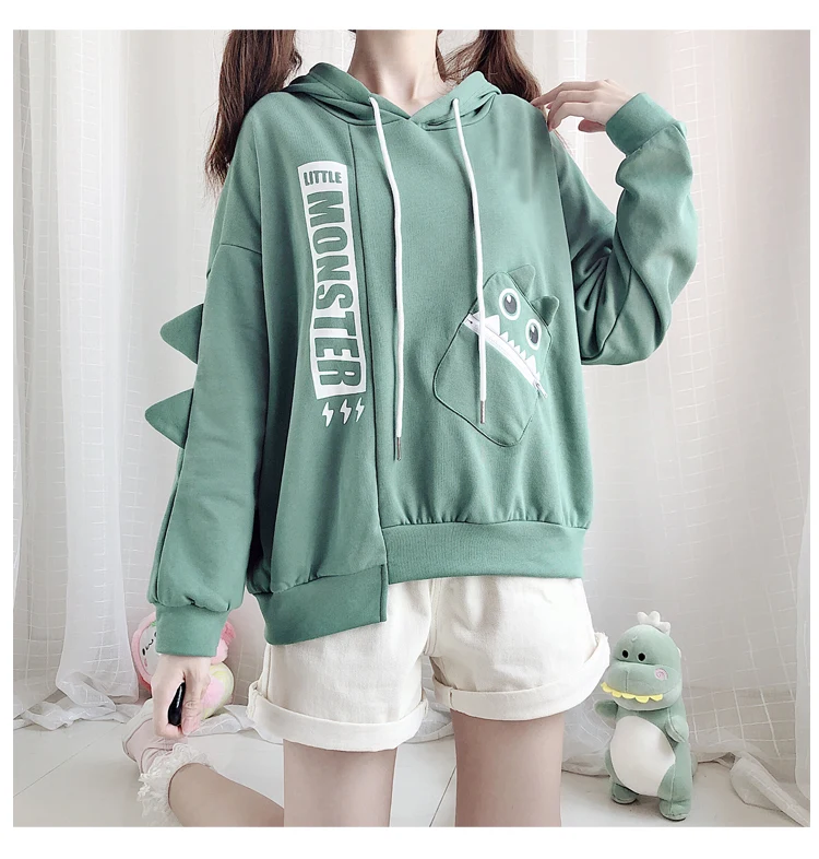 Корейский Харадзюку милые маленькие монстры шаблон с капюшоном длинным рукавом