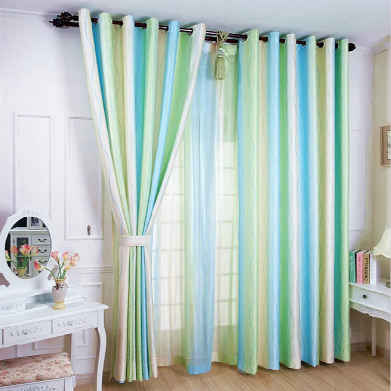 Зеленые жаккардовые полосатые короткие занавески прозрачные тюлевые для детей