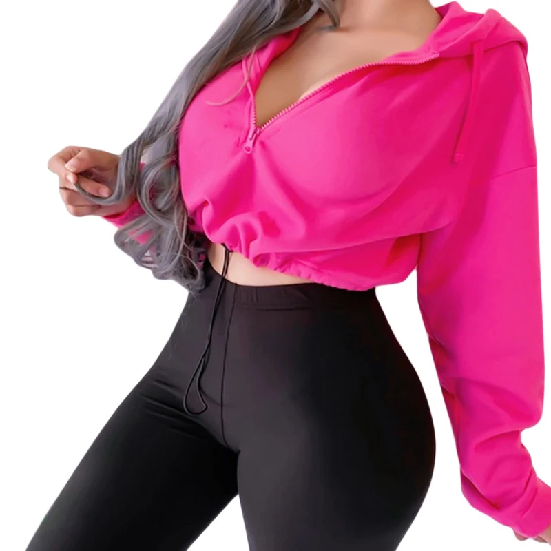 

Women Drawstring Hooded Autumn Spring Tops Long Sleeve Hoodie Sweatshirts Zip Casual Crop Hooded Zipper Outwear