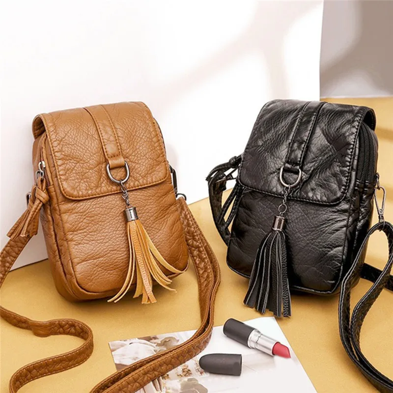 

Multi-Functional Soft Leather Small Shoulder Bag Small Vintage Crossbody Bag Tassels Decor Cash Purse Cellphone Bag